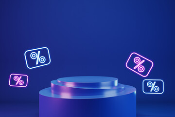 Poster - Blank bright blue stand for your product presentation surrounded by digital percent symbols meaning sale on abstract background. 3D rendering, mock up