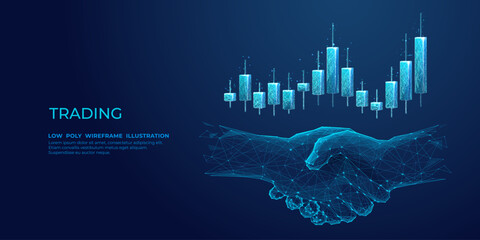 Leinwandbilder - Abstract handshake and stock market candlestick. Digital trading and investment concept. Growing graph chart. Low Poly wireframe vector illustration on blue technological background. Best deal symbol
