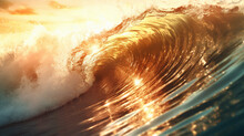 Golden Ocean Wave At Sunset. Generative AI