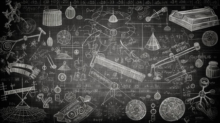abstract mathematical physical formulas and calculations are written in chalk on a blackboard, texture overlay layer. Generative AI