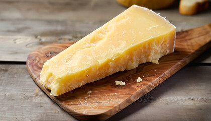 piece of parmesan cheese on a wooden board