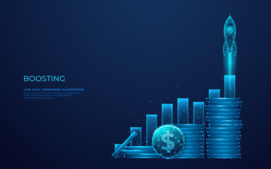 Aufkleber - Digital Rocket, coins, and graph chart. Abstract growing diagrams and a stack of dollar coins. Spaceship boosts the statistic candle. Low poly wireframe vector illustration in blue hologram style.