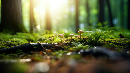 Bright forest clearing,beautiful sunlight and seasonal nature background with bokeh and short depth of field. Close-up with space for text, close-up on wildlife nature mushrooms and green fresh leaves