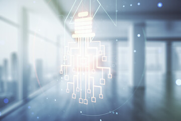 Poster - Virtual creative light bulb with chip hologram on empty classroom background, artificial Intelligence and neural networks concept. Multiexposure