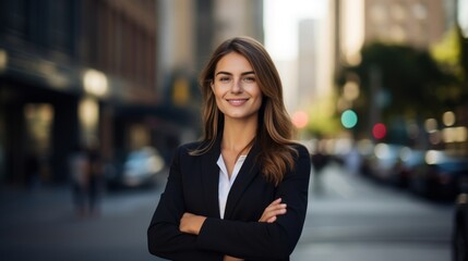 Young confident smiling business woman standing on busy street, portrait. Proud successful female entrepreneur wearing suit posing with arms crossed look at camera in big city outdoors. Generative  Ai