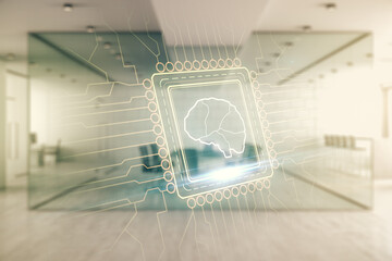 Poster - Double exposure of creative artificial Intelligence interface on modern corporate office background. Neural networks and machine learning concept