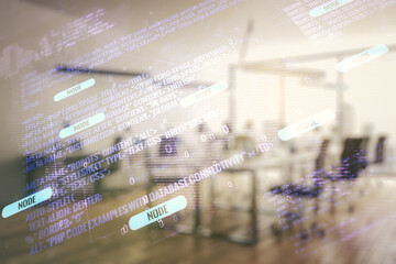 Poster - Multi exposure of abstract software development hologram and world map on modern corporate office background, global research and analytics concept