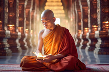 Tibetan Monk Prays In The Temple. Generative AI.