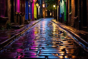 A captivating depiction of a city's rain-soaked streets at night, with neon lights guiding the way, inviting viewers to embark on an exploration of hidden alleys, vibrant street art, and the city's hi