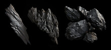 Flying Black Jagged Stone Set. Realistic Broken Slate Rock Boulder Isolated. Ai Generated Damaged Asteroid