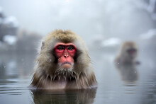Japanese Snow Monkey Taking Bath In Hot Springs. Amazing Wildlife. Generative Ai
