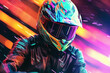 Motorcyclist in a helmet on a futuristic blurred neon background, speed illustration