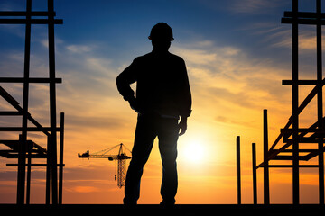 Wall Mural - construction engineer worker at heights,architecture sci-fi construction working platform on top of building, suspended cables, fall protection and scaffolding installation.