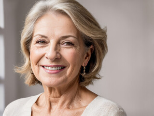 portrait of happy beautiful retired european woman with dental smile, stylish and modern, looking at camera, headshot portrait.