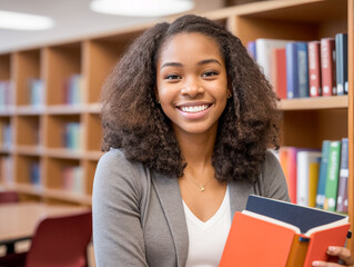 Portrait of a beautiful african american college student with books at library