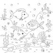 Childrens antistress coloring book with various fish, seabed and algae. Vector stock illustration. Outline illustration of underwater life and marine animals. Antistress coloring book.