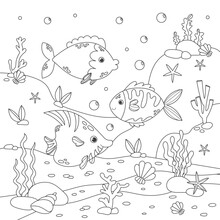 Childrens Antistress Coloring Book With Various Fish, Seabed And Algae. Vector Stock Illustration. Outline Illustration Of Underwater Life And Marine Animals. Antistress Coloring Book.