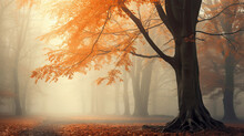 Amazing Foggy Light In Mystical Autumn Forest, Beautiful Pastel Colored Fog Forest And Tree Background, Trees And Large Branches With Fall Orange Leaves