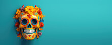 Day Of The Dead Background, Halloween Dia De Los Muertos, Mexican Sugar Skulls. Generative Ai