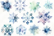 Beautiful Watercolor Snowflakes On A White Background.