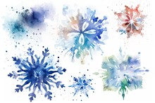 Watercolor Snowflakes On A White Background.