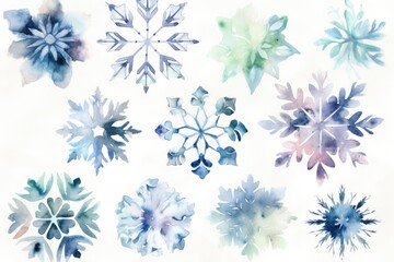 Beautiful watercolor snowflakes on a white background.