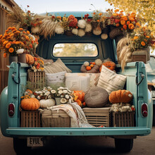 Fall Digital Backdrop, Autumn Pickup Truck Digital Background, Vintage Car