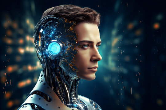 Male android face. Artificial intelligence concept. Futuristic robot head with technology neural system. AI