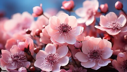 Wall Mural - Gently pink flowers of anemones outdoors in summer spring close up on turquoise background with soft selective focus. Delicate dreamy image of beauty of nature