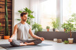 © VisualProduction - Man meditating inside at home. Young male doing yoga exercise. Healthy active lifestyle and sports concept. Generative AI