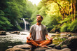 © VisualProduction - Man meditating outside in nature. Young male doing yoga exercise. Healthy active lifestyle and sports concept. Generative AI