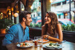© VisualProduction - Young couple eating italian food at restaurant. Couple on date night with delicious food. Generative AI