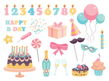 Happy Birthday Set Of Balloons, Cake, Gift Box, Candles, Bow, Champagne. Vector Illustration In Cartoon Flat Style 