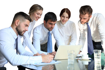 Poster - business team working on laptop to check the results of their work on a transparent background.