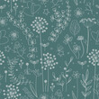 Meadow flowers and herbs boho seamless pattern. Blooming grass doodle background in Scandinavian style. Folk vector pattern
