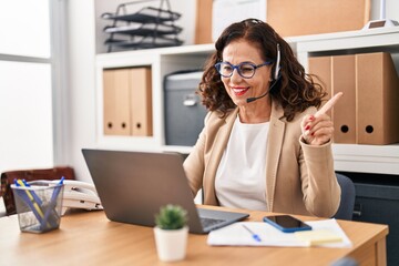 Sticker - Middle age woman wearing call center agent headset smiling happy pointing with hand and finger to the side