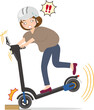電動キックボードが段差にぶつかって動転するヘルメット着用の女性
