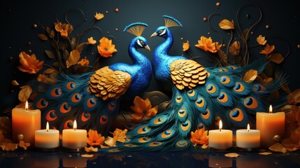 Wall Mural - Diwali Festival Background with Oil Lamps and Auspicious Peacock. Hindu Festival Celebration. Generative Ai