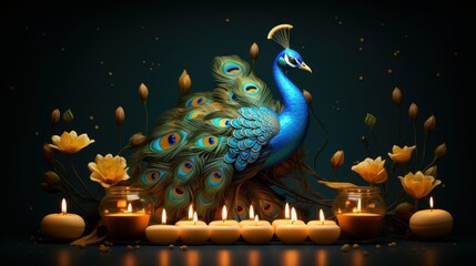 Wall Mural - Diwali Festival Background with Oil Lamps and Auspicious Peacock. Hindu Festival Celebration. Generative Ai