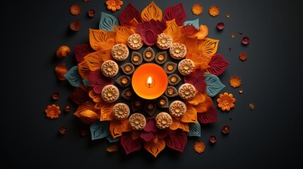 Wall Mural - Happy Diwali Festival Background, Decorated with Oil Lamps. Hindu Festival of Lights Celebration. Generative Ai