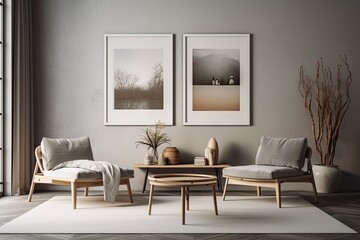 Wall Mural - On the wall of the living room are two empty frames. Grey interior design with a round coffee table, short shelf, and comfortable seat. concrete surface. Mockup. Interior design idea for a modern home