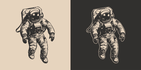 set of vintage retro astronaut nasa future space adventure explore. galaxy science trip. graphic art