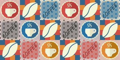 Leinwandbilder - Tiles with painted coffee cups, coffee beans, as well as inscriptions. Coffee endless pattern, for coffee shops and caering establishments.