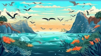 Abstract background ocean birds. Graceful ocean birds take flight in a captivating illustration designed for banners and more. Generative AI.