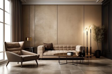 Wall Mural - living room painted in beige and brown. Interior of blank, empty ivory room. modern minimalistic style design. Black armchair with a chocolate sofa accent. luxurious home or reception lounge