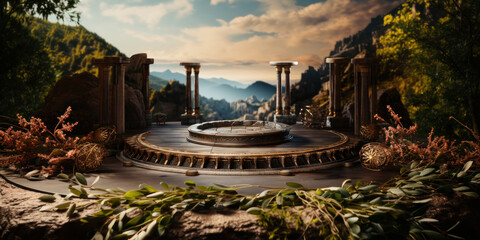 Wall Mural - Ancient Greece, amphitheater podium, background with antique columns and mountains.. Generative AI