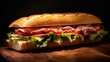 baguette sandwich filled with ham, cheese, lettuce, and tomatoes