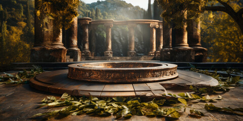 Ancient Greece, bronze podium in a park, background with antique columns in forest. Generative AI