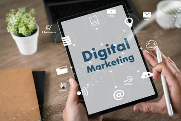Poster - Digital Marketing Network Datum Businessman team hands at work with financial reports and a laptop cyberspace global marketing success analysis Business technology: Digital transformation concept
