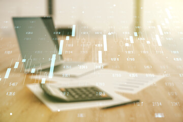 Aufkleber - Abstract virtual stats data hologram on calculator and laptop background. Multiexposure